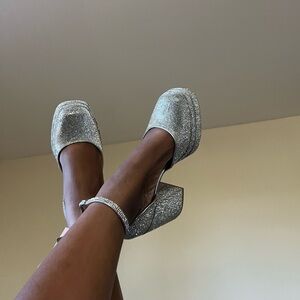 wild fable Silver Glitter Block Heel Ankle-Strap Pumps
